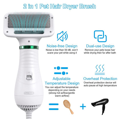 2-in-1 Portable Dog Hair Dryer & Grooming Brush — Quiet, Fast-Drying Pet Blow Dryer